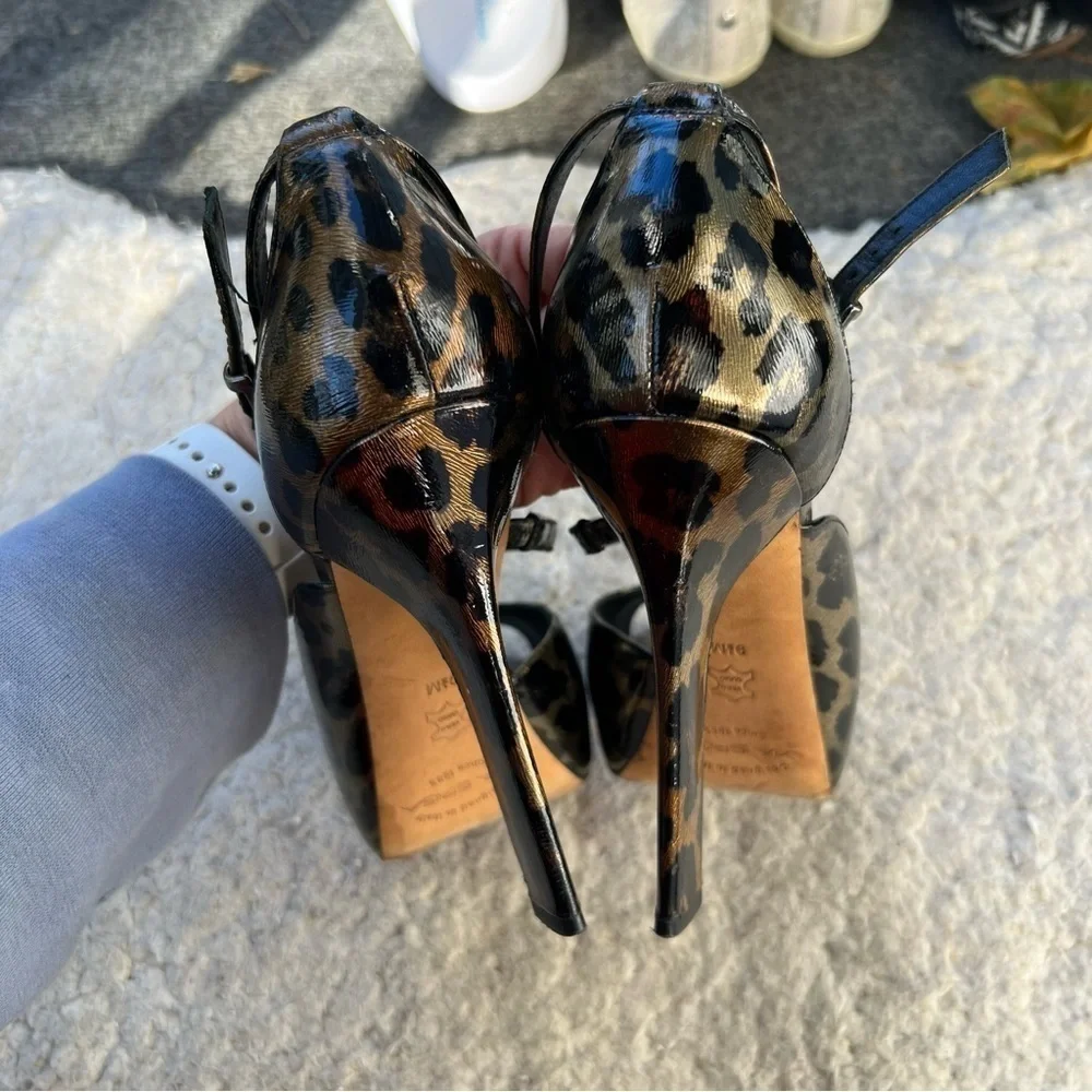 Via Spiga: Metallic Leopard Print Peep Toe D'Orsay Ankle Strap Platform Heels
